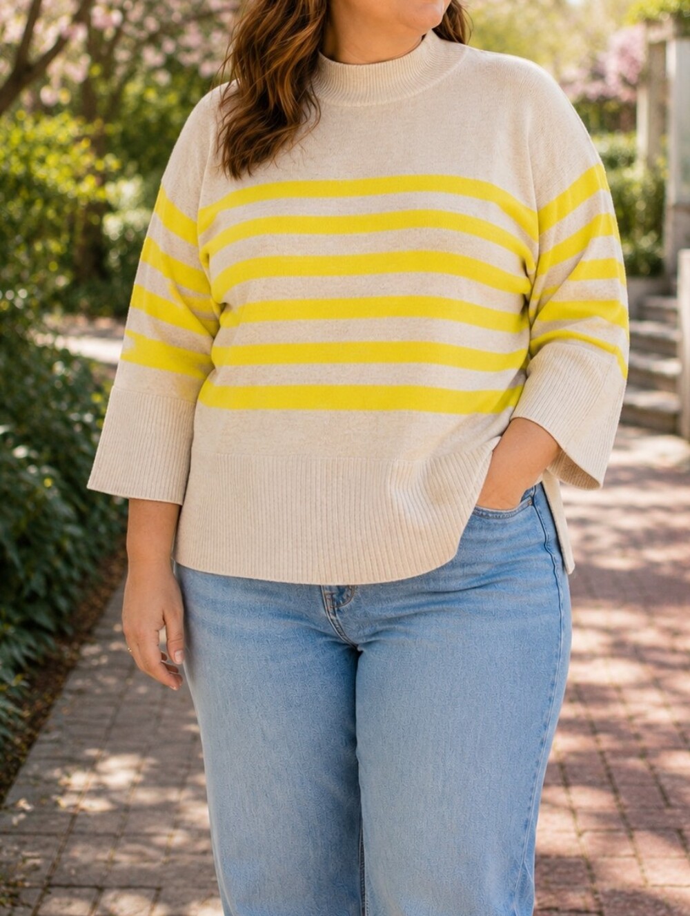 NWT Masai Beige & Neon Yellow Striped Mock Neck Sweater | Soft Knit Side Slit